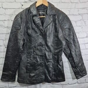 Vintage Leather Blazer Style Jacket Womens Black‎ Patchwork 4-Button Size M